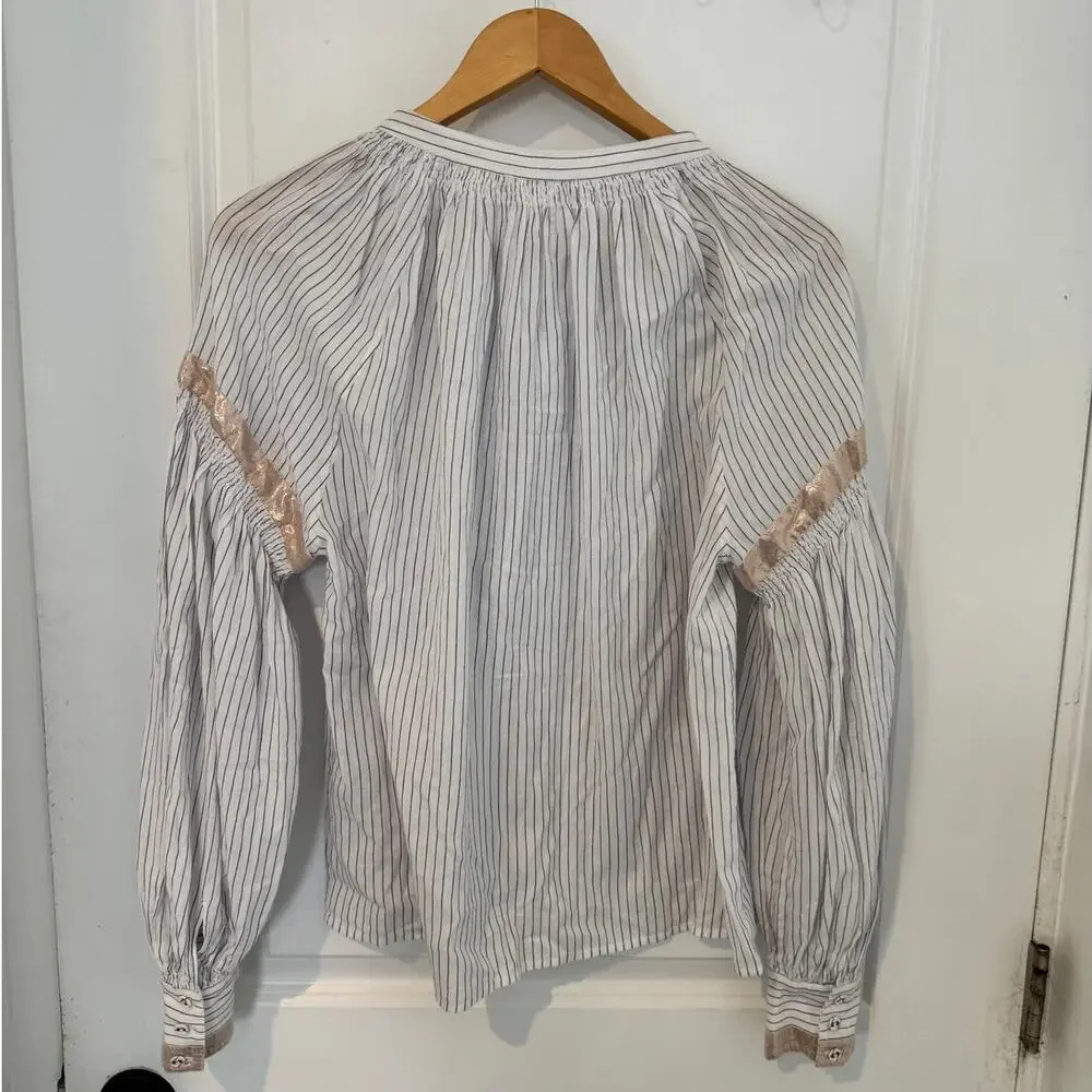 Ulla Johnson | Kora Blouse Puff Sleeve Striped Top Shimmer Porcelain Size 6 Med